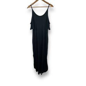 Grecerelle Women's L Cold Shoulder High Slit Maxi Dress Solid Black Casual Beach